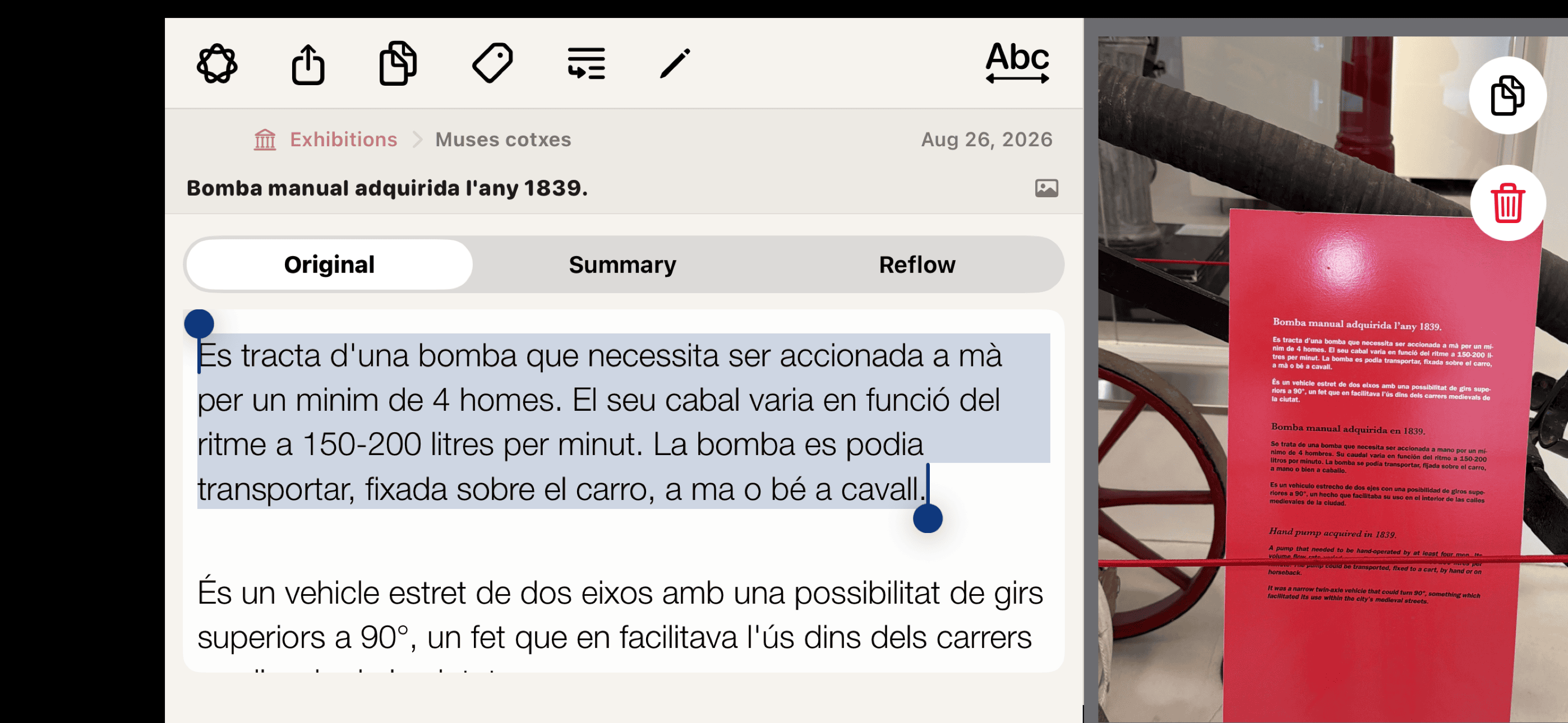Recognized museum information and its source photograph on iPhone