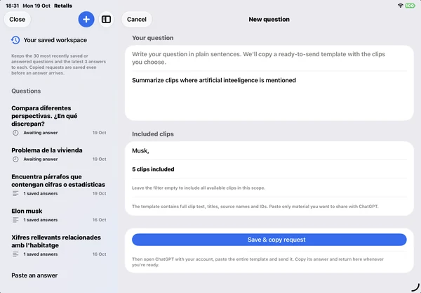 New question in RETALLS with a clip filter and Save & copy request button
