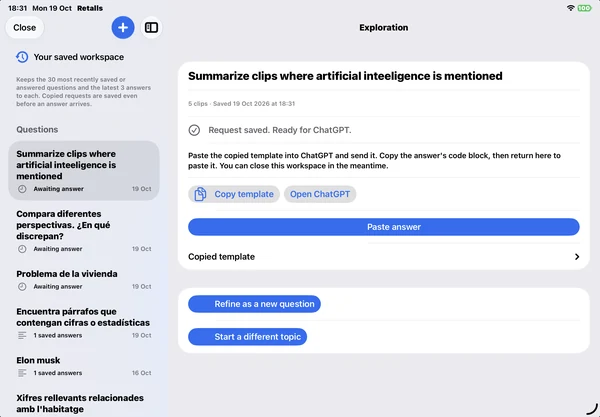 Saved request in RETALLS with Copy template, Open ChatGPT and Paste answer buttons