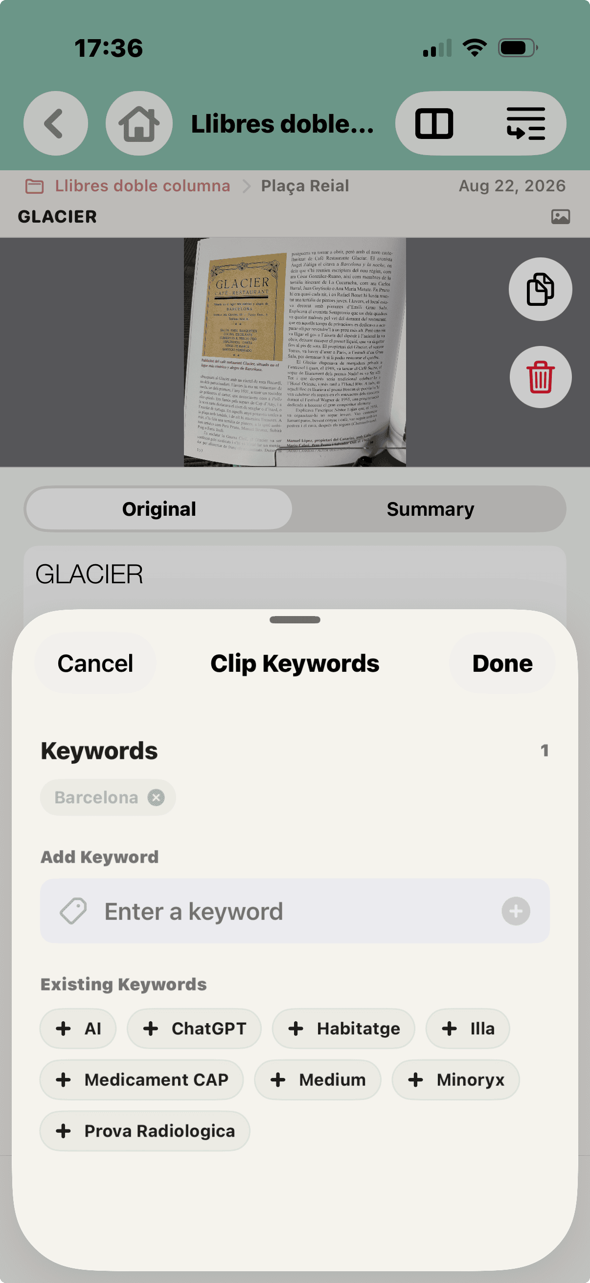 Keywords applied to a saved book Clip