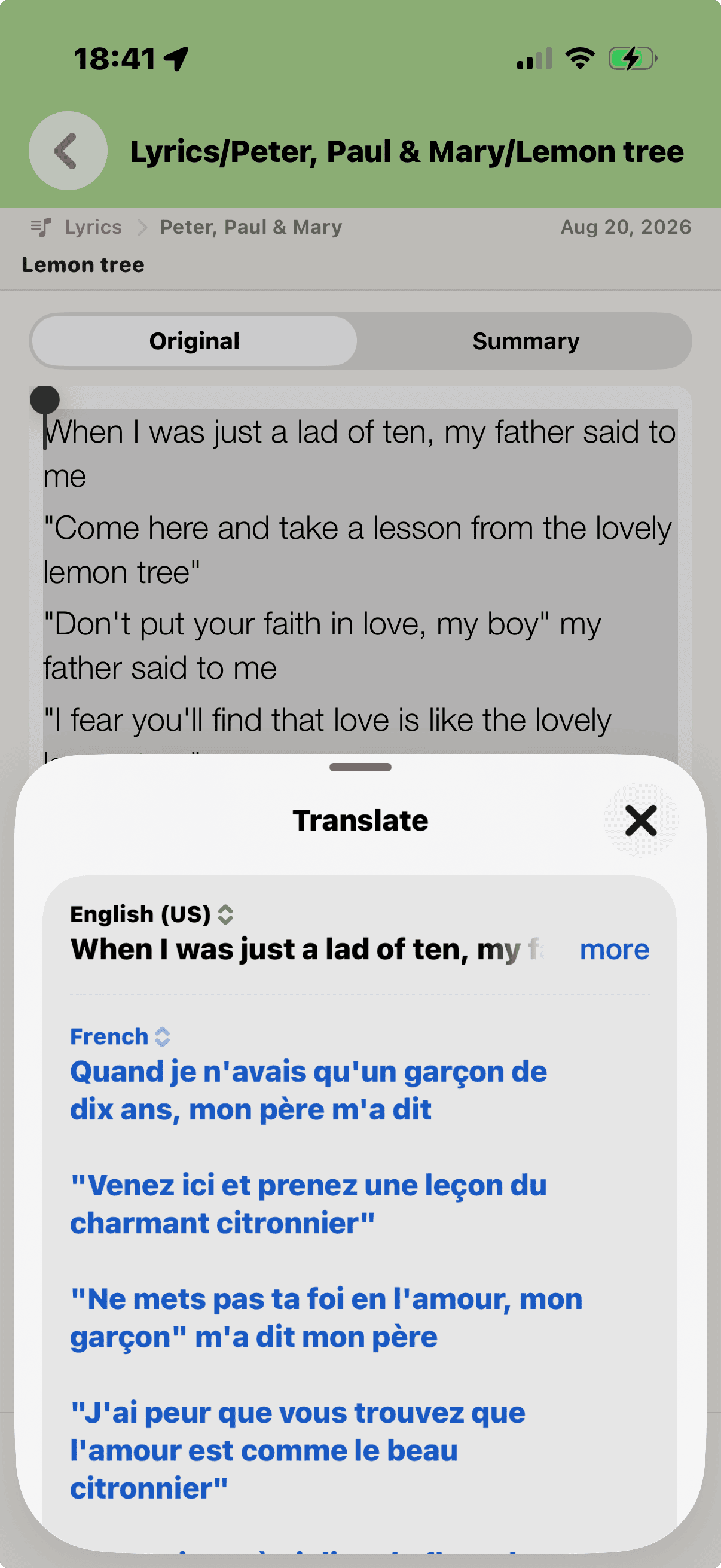 Translation displayed from recognized text on iPhone