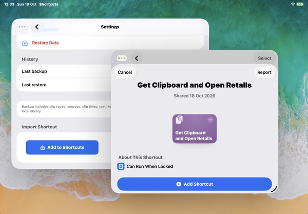 RETALLS Settings share sheet with the Shortcuts app