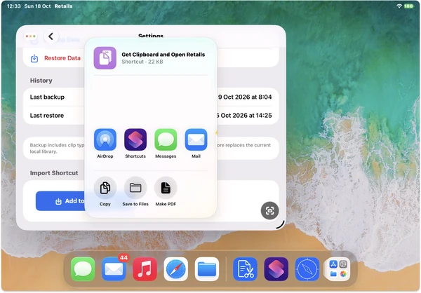 In the Share Sheet tap on the Shortcuts icon.
